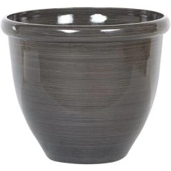 Modern Round Garden Flower Pot Planter High Gloss Stone 40 X 34 Cm Brown Tesalia