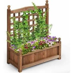 COSTWAY Wood Flower Plant Stand With Trellis, Solid Garden Trough Planter, Outdoor Garden Weather-Resistant Plant Rack For Vines, Climbing Flower, Plant Pot Boxvatory (64 X 28 X 75cm, Brown)