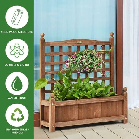 COSTWAY Wood Flower Plant Stand With Trellis, Solid Garden Trough Planter, Outdoor Garden Weather-Resistant Plant Rack For Vines, Climbing Flower, Plant Pot Boxvatory (64 X 28 X 75cm, Brown) 2 COSTWAY Wood Flower Plant Stand With Trellis, Solid Garden Trough Planter, Outdoor Garden Weather-Resistant Plant Rack For Vines, Climbing Flower, Plant Pot Boxvatory (64 X 28 X 75cm, Brown) - Image 2