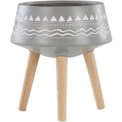 Flower Pot Wooden Stand Light Grey Magnesium Round Inlaid Motif Weira