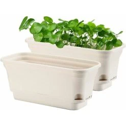 40CM Self-Watering Plant Pot Rectangular Plastic Planters, Modern Decorative Flower Pot For All Plants, Flowers, Herbs - Beige, Set Of 2
