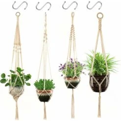 RHAFAYRE Macrame Plant Hanger Rope 4 Pcs Hanging Pot Plant Holder Indoor Outdoor Garden Decoration With 4 Hanging Hooks