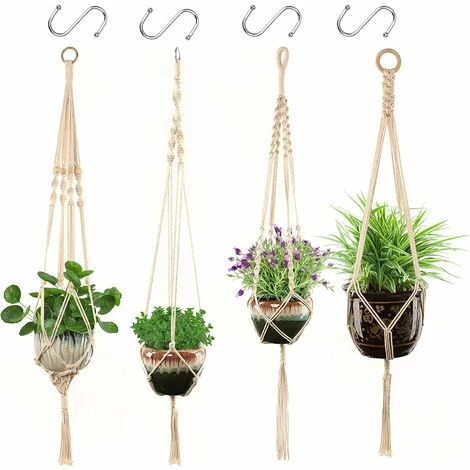 RHAFAYRE Macrame Plant Hanger Rope 4 Pcs Hanging Pot Plant Holder Indoor Outdoor Garden Decoration With 4 Hanging Hooks 1 RHAFAYRE Macrame Plant Hanger Rope 4 Pcs Hanging Pot Plant Holder Indoor Outdoor Garden Decoration With 4 Hanging Hooks