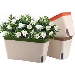 10.5 Inch Rectangle Self Watering Planter Set Of 3, Plastic Plant Pot With Visual Water Level Window Indoor Decorative Garden Flower Pot (Green/Brown/Orange)