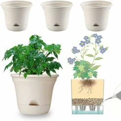 Flower Pots 20CM Self-Watering Flower Pot, Long-Term Plant Pot For Water Storage, Deep Reservoir, Planter Pot For Indoor Plants Home Decoration - Beige, Set Of 4