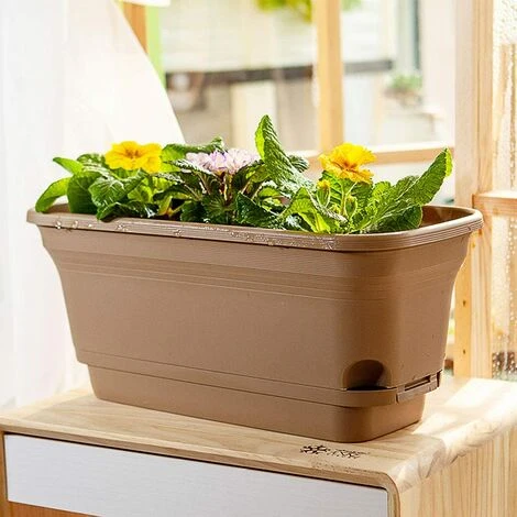40CM Self-Watering Plant Pot Rectangular Plastic Planters, Modern Decorative Flower Pot For All Plants, Flowers, Herbs - Brown, Set Of 2 3 40CM Self-Watering Plant Pot Rectangular Plastic Planters, Modern Decorative Flower Pot For All Plants, Flowers, Herbs - Brown, Set Of 2 - Image 3
