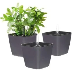 13.5CM Self Watering Plastic Flower Pot With Water Level Indicator - Set Of 3 Grey, Pot For Succulent Cactus Herb Planter Container, Modern Decor For Home Office