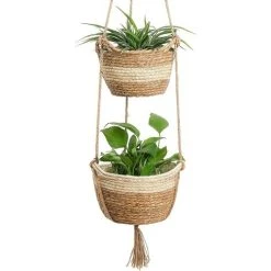Seagrass Hanging Planter Basket, 2 Size Indoor Outdoor Woven Flower Pot - Flower Pots Cover Storage Basket Plant Containers (Beige)
