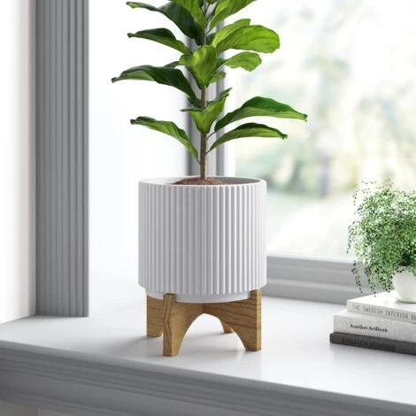 Leaf White Ribbed Ceramic Plant Pot With Bamboo Stand 17 X 17 X 21cm 1 Leaf White Ribbed Ceramic Plant Pot With Bamboo Stand 17 X 17 X 21cm