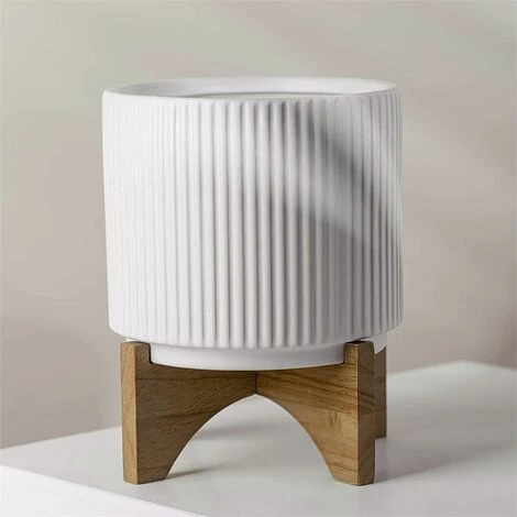 Leaf White Ribbed Ceramic Plant Pot With Bamboo Stand 17 X 17 X 21cm 2 Leaf White Ribbed Ceramic Plant Pot With Bamboo Stand 17 X 17 X 21cm - Image 2
