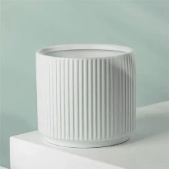Leaf White Ribbed Ceramic Plant Pot With Bamboo Stand 17 X 17 X 21cm 6 Leaf White Ribbed Ceramic Plant Pot With Bamboo Stand 17 X 17 X 21cm -Dwarf Discovery shop 77246088 3