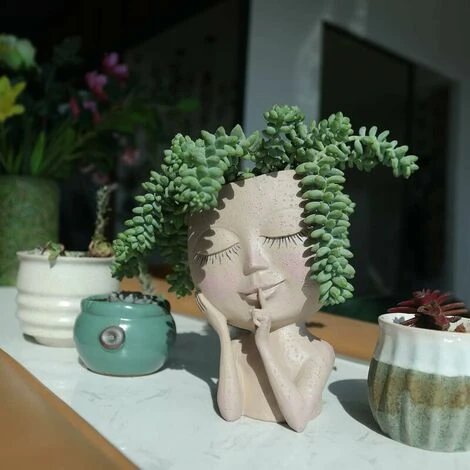 Face Plant Pot Unique Face Flower Pot For Indoor And Outdoor Plants Resin Head Planter With Drain Hole Cute Lady Face Flower Pots Closed Eyes (Clear) 2 Face Plant Pot Unique Face Flower Pot For Indoor And Outdoor Plants Resin Head Planter With Drain Hole Cute Lady Face Flower Pots Closed Eyes (Clear) - Image 2