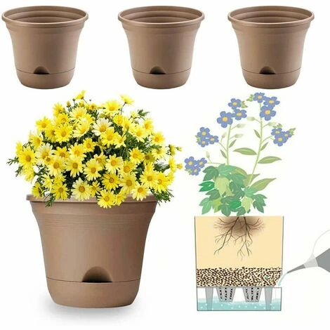 20CM Self-Watering Flower Pot, Long-Term Plant Pot For Water Storage, Deep Reservoir, Planter Pot For Indoor Plants Home Decoration - Brown, Set Of 4 1 20CM Self-Watering Flower Pot, Long-Term Plant Pot For Water Storage, Deep Reservoir, Planter Pot For Indoor Plants Home Decoration - Brown, Set Of 4