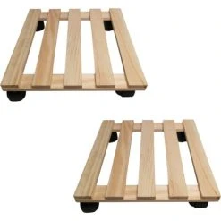 Pack Of 2 35cm Square Wooden Garden Plant Pot Flower Trolley Stand On Wheels