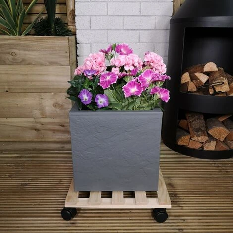 Pack Of 2 35cm Square Wooden Garden Plant Pot Flower Trolley Stand On Wheels 2 Pack Of 2 35cm Square Wooden Garden Plant Pot Flower Trolley Stand On Wheels - Image 2
