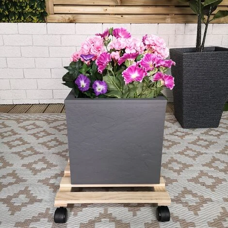 Pack Of 2 35cm Square Wooden Garden Plant Pot Flower Trolley Stand On Wheels 4 Pack Of 2 35cm Square Wooden Garden Plant Pot Flower Trolley Stand On Wheels - Image 4