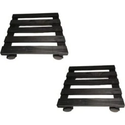 Pack Of 2 28cm Black Square Wooden Garden Plant Pot Flower Trolley Stand On Wheels