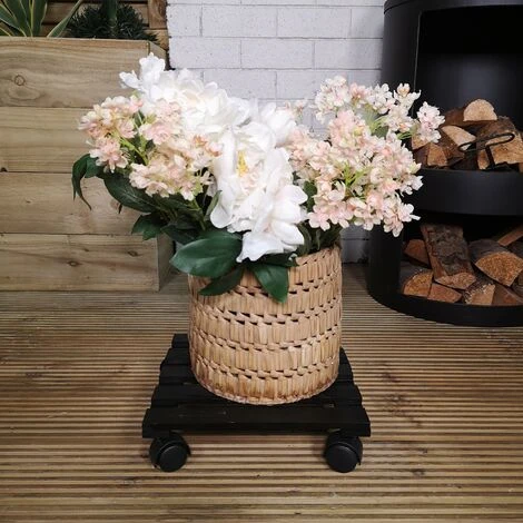 Pack Of 2 28cm Black Square Wooden Garden Plant Pot Flower Trolley Stand On Wheels 4 Pack Of 2 28cm Black Square Wooden Garden Plant Pot Flower Trolley Stand On Wheels - Image 4