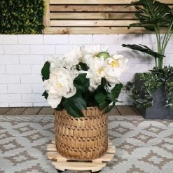 Alternative view of Pack Of 2 28cm Round Wooden Garden Plant Pot Flower Trolley Stand On Wheels