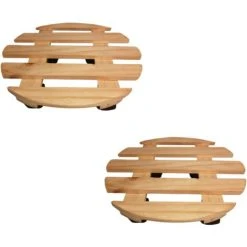 Pack Of 2 35cm Round Wooden Garden Plant Pot Flower Trolley Stand On Wheels