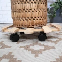 Pack Of 2 35cm Round Wooden Garden Plant Pot Flower Trolley Stand On Wheels -Dwarf Discovery shop 94978087 3