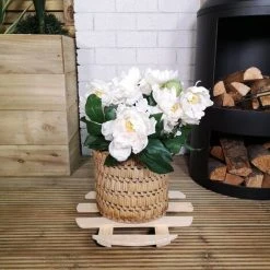 Pack Of 2 35cm Round Wooden Garden Plant Pot Flower Trolley Stand On Wheels -Dwarf Discovery shop 94978087 4
