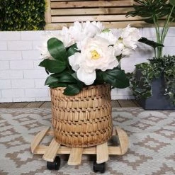 35cm Round Wooden Garden Plant Pot Flower Trolley Stand On Wheels