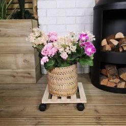 2 Pack Of 28cm Square Wooden Garden Plant Pot Flower Trolley Stand On Wheels -Dwarf Discovery shop 94979115 4