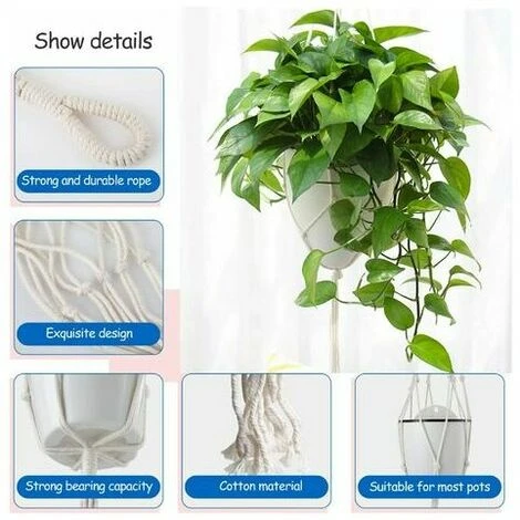 Pieces Macrame Flower Basket Cotton Rope Hanging Planter With 4 Hooks, Hand-Woven Braided Hanging Flower Pot For Indoor Outdoor Ceiling Balconies Garden Decor Wall Decoration (Beige, 100cm) 2 Pieces Macrame Flower Basket Cotton Rope Hanging Planter With 4 Hooks, Hand-Woven Braided Hanging Flower Pot For Indoor Outdoor Ceiling Balconies Garden Decor Wall Decoration (Beige, 100cm) - Image 2