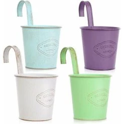 Small Hanging Colorful Flower Pot With Detachable Hook, Metal Balcony Planter, Vintage Hanging Pot For Balcony Decoration Outdoor And Indoor Wall Garden(4 Pcs)