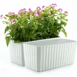 Self-Irrigation White Plastic Rectangle Flower Box Set Of 2, Pot With Water Reserve And Water Level Indicator Pot With Watering System For Planting Plants Easily